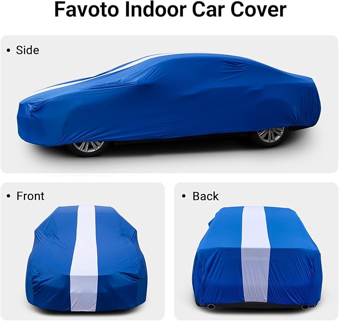 Favoto Car Cover Dustproof Sedan Indoor Stretch Cover Universal Fit 177-193 Inch Automobiles Full Car Cover with Storage Bag Breathable Windproof All-Weather Auto Vehicle Cover (Blue-Upgraded)