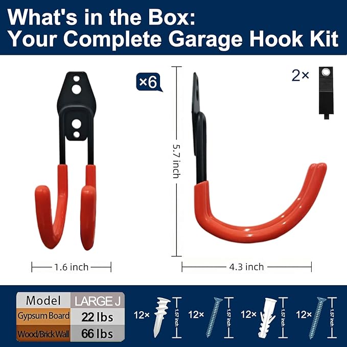 CBWLWJ 6 Pack Heavy Duty Wall Hooks for Hanging - Anti-Slip Coating, Solid Steel 4.3 Inch Large Round Hooks for Ladder, Bikes, Tools and More(Orange)