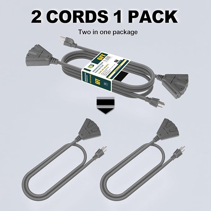 EP 2 Pack 6 Ft Outdoor Extension Cord with 3 Electrical Power Outlets - 16/3 SJTW Grey Cable with 3 Prong Grounded Plug for Safety Great for Christmas Lights, Garden and Major Appliances