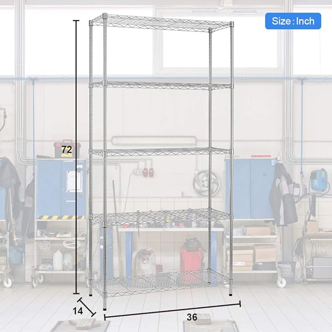BestOffice 14''Lx36''Wx72''H 5 Shelf Wire Shelving Unit Garage Heavy Duty Height Adjustable Commercial Grade NSF Certification Utility Rolling Steel Layer Rack Organizer Kitchen