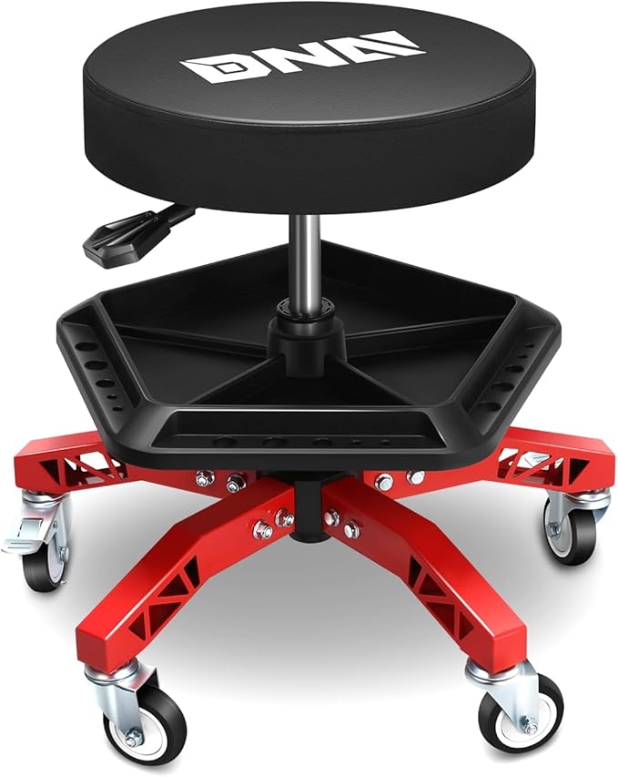 DNA Motoring Rolling Shop Stool, Adjustable Height Padded Rolling Seat, Pneumatic Roller Mechanic Stool for Garages, w/Tool Storage Tray, 300lbs Capacity, TOOLS-00636-BK-RD