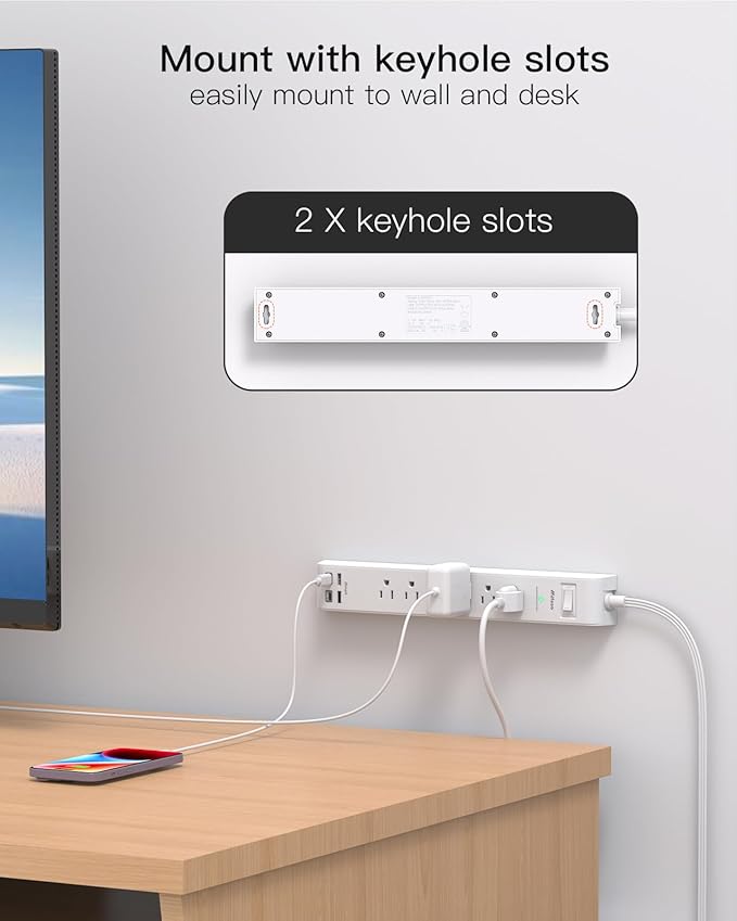 2 Pack Power Strip, 15FT Long Extension Cord, Surge Protector with 6 Outlets and 4 USB Charging Ports(2 USB C), Flat Plug Overload Protection, Wall Mount for Home Office Dorm College