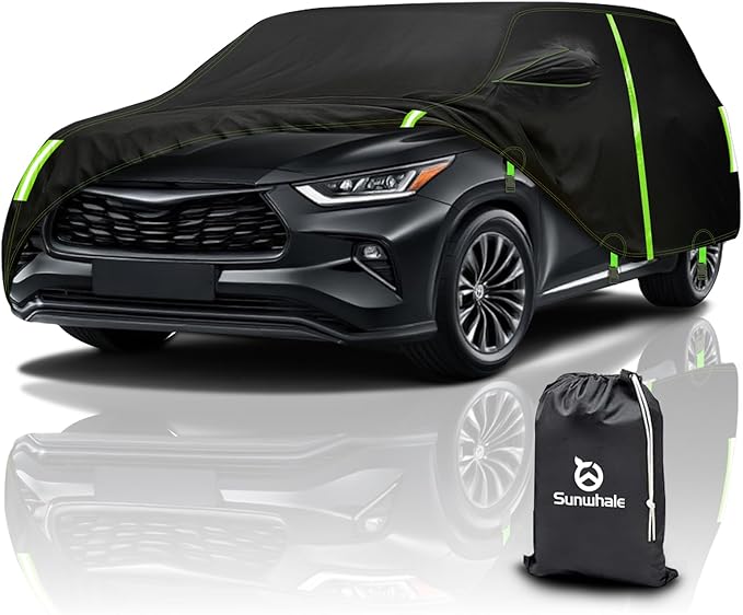 SUV Car Cover Custom Fit for Toyota Highlander 2013-2025 & 100% Waterproof with Zipper Door & Side Mirror Zipper Pockets All Weather Snowproof Rain Dust Hail UV Protection Outdoor Full Cover