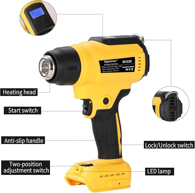 Cordless Heat Gun Compatible with Dewalt 20V Battery, 350W Fast-Heat Hot Air Gun with LED Light & Digital LCD, Variable Temp Control for Shrink Wrap, Paint Stripping, Soldering & Crafts (Tool Only)