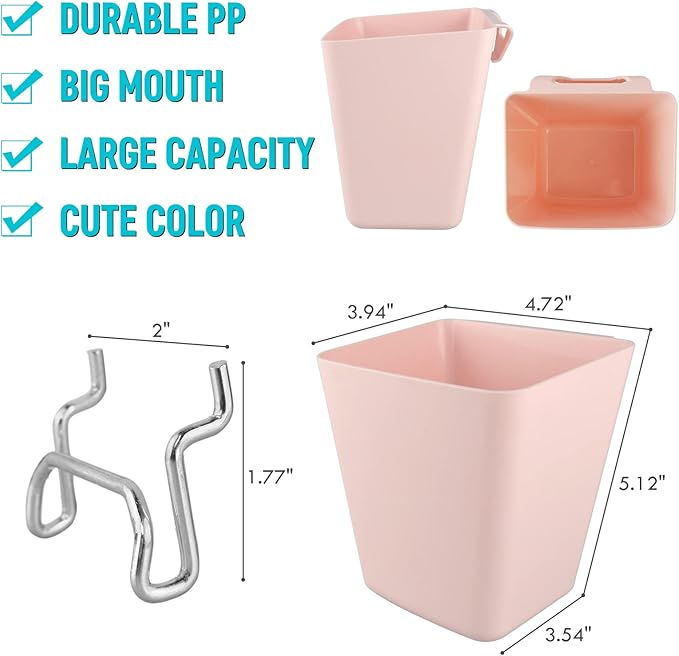 G.CORE Large Pegboard Cups Peg Board Storage Bin 6 Pack with Hooks, Square Box Shape Pegboard Cup Holder Accessories for Garage Workbench/Craft Room/Office/Playroom/Home Kitchen Organization (Pink)