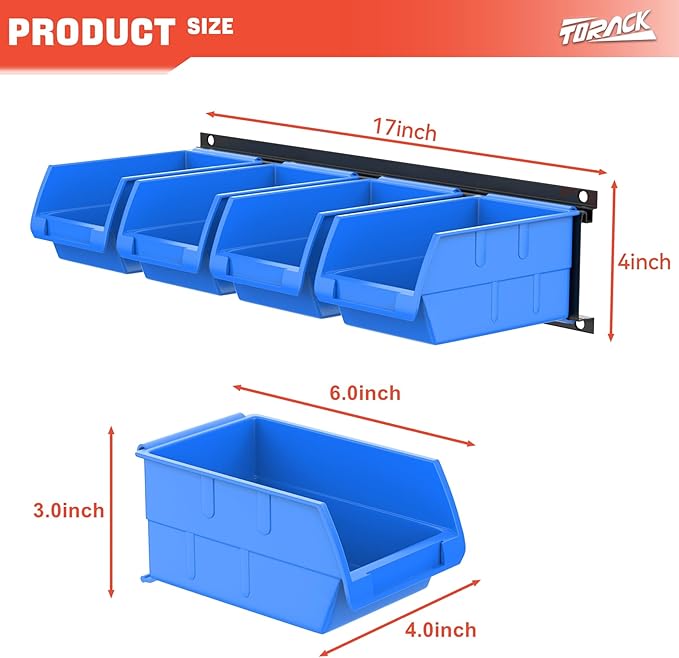 TORACK Wall-Mounted Storage Bins - 8 Plastic Bins & 2 Metal Tracks for Tools Organization in Garage, Craft Room, and Shop(Blue)