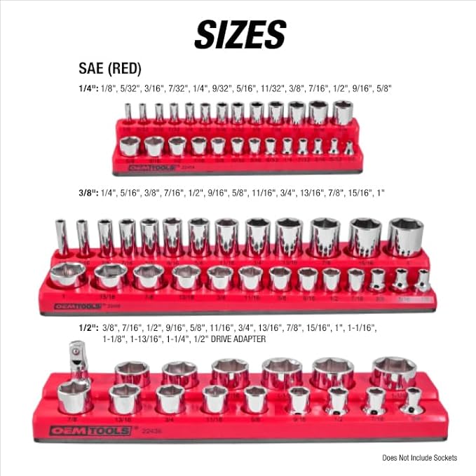 OEMTOOLS 22484 3 Piece SAE Magnetic Socket Tray Set, Magnetic Socket Organizers for Toolboxes, Rubberized Base, Holds Up To 68 Sockets, Red Socket Holder