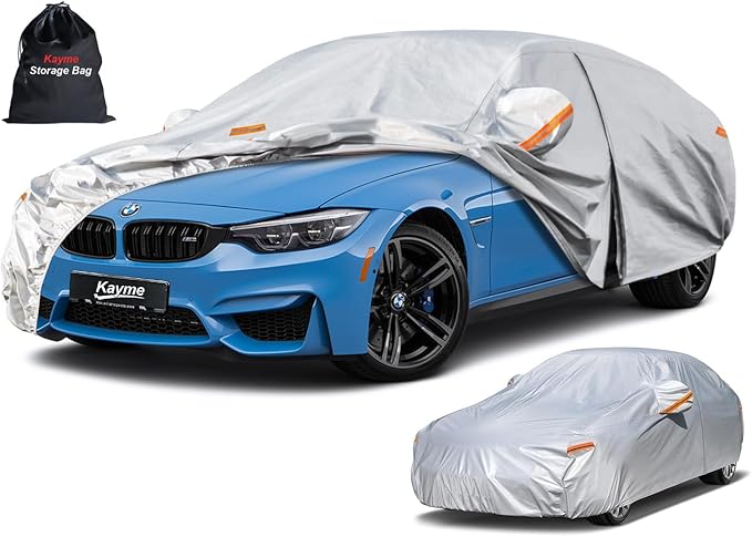 Kayme 6 Layers Car Cover Custom Fit for BMW 3 Series 320i 325i 328i 330i 335i (2013-2025) Waterproof All Weather for Automobiles, Outdoor Full Cover Rain Sun UV Protection.Silver