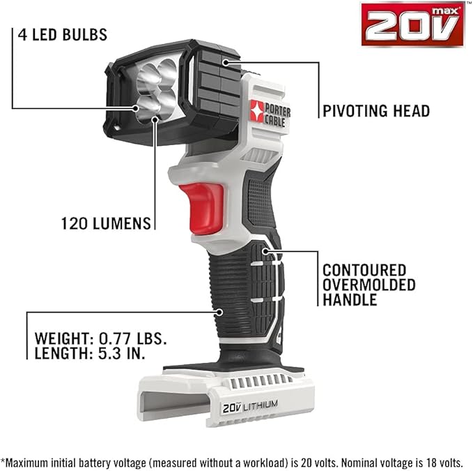 PORTER-CABLE 20V MAX* Oscillating Tool with 11-Piece Accessories, Tool Only (PCC710B) & 20V MAX* LED Work Light, Tool Only (PCC700B)