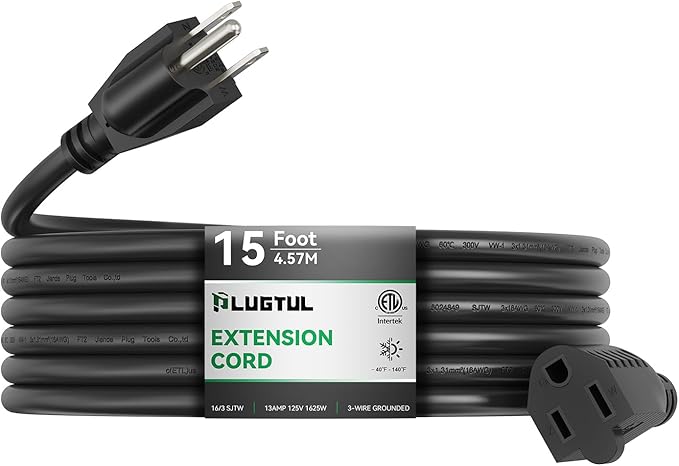 PLUGTUL Outdoor Extension Cord 15 FT Waterproof, 16/3 Gauge Black Heavy Duty 3 Prong Extension Cord, 13A 1625W SJTW, ETL Listed, Great for Garden and Home
