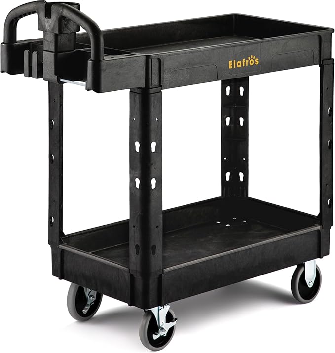 ELAFROS Utility Cart with Ergonomic Handle and Built-in Tool Compartments - 37.5" x 17" Work Cart W/Deep Shelves Safely Holds up to 550 lbs - 2 Tier Rolling Cart,Black