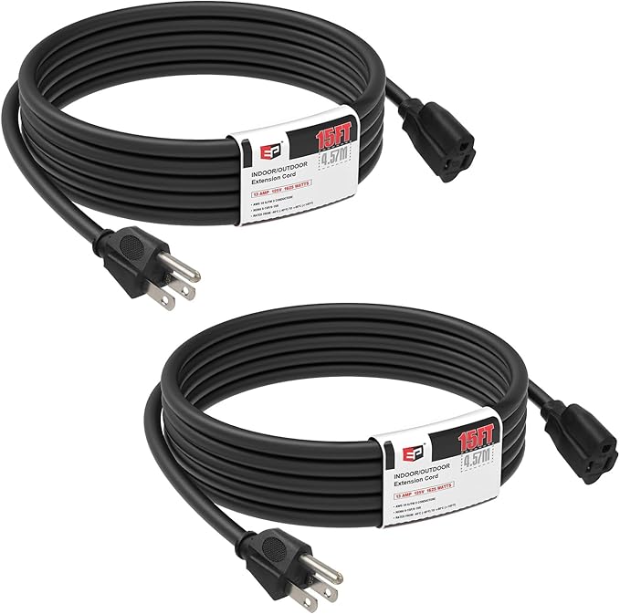 EP 2 Pack 15FT Black Outdoor Extension Cord, 16/3 SJTW Heavy Duty Waterproof, 3 Prong Grounded Plug, 13A 1625W 16AWG, Cold-Resistant Flexible Power Cable for Garden, Home, Christmas Lights