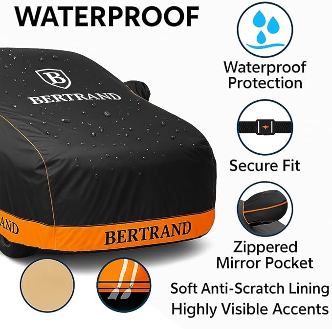 BERTRAND Premium Extra-Large Sedan Car Cover – (213x79 - Size - A4) - Waterproof All Weather | Mirror Pockets + Door Zipper | Cotton-Lined | UV Protection + Reduces Hail Impact | Heavy-Duty