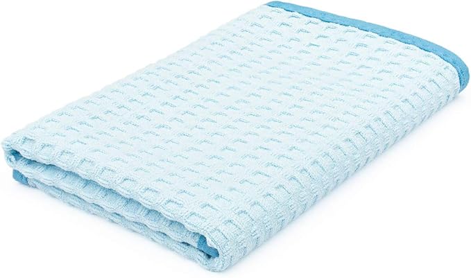 The Rag Company - Dry Me A River - Professional Korean 70/30 Blend Microfiber Waffle-Weave Drying & Detailing Towels, Soft Suede Edges, 390gsm, 16in x 16in, Light Blue (5-Pack)