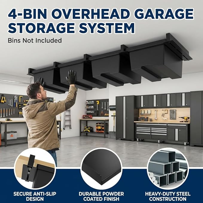 Overhead Garage Storage Rack,Garage Ceiling Storage 5 Rails Set, Overhead Storage Rack to Hold 4 Plastic Totes, Metal Ceiling Racks for Garage Storage to Free Up Floor Space, Garage Organizer System