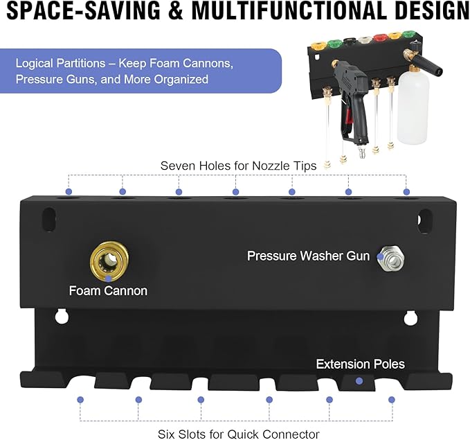 Pressure Washer Gun Holder, Wall Mounted Foam Cannon & Car Wash Accessories Storage Rack for Wand Extension and Nozzle Tips, Fits 1/4" Quick Connector, Black