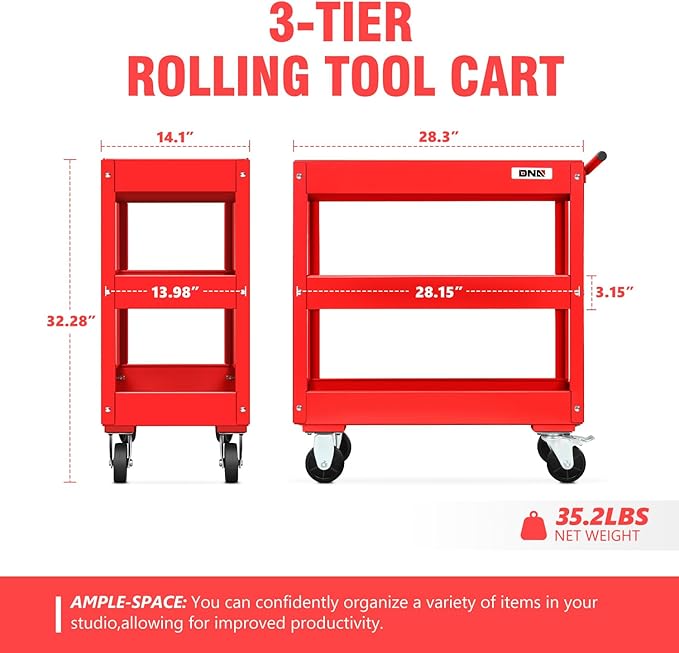 DNA Motoring 3-Layer Steel Utility Service Cart with Casters for Warehouse, Garage, Office, Supports Up to 330 lbs, Red, TOOLS-00413