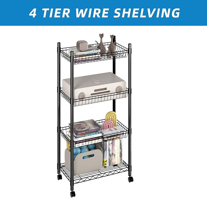 Guan River 4 Tier Wire Shelving Wire Basket Shelf Storage Cart Adjustable Metal Shelf 2 Bottoms for Choose(Castor or Leveling Feet) for Office,Kitchen,Bedroom,Black(23.23" L x 13.11" W x 49.21" H)