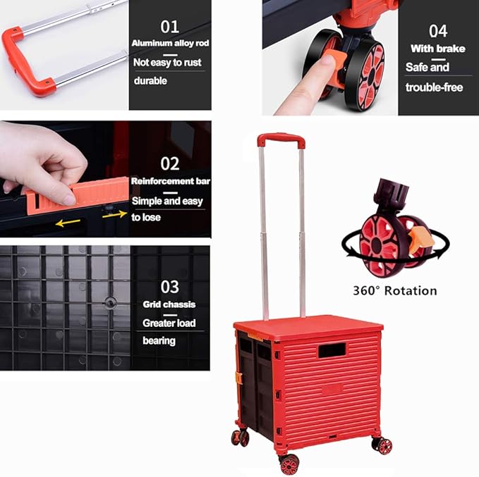 Foldable Utility Cart Folding Portable Rolling Crate Handcart Shopping Trolley Wheel Box with Lid Wear-Resistant Noiseless 360°Rotate Wheel for Travel Shopping Moving Storage Office Use (Red)