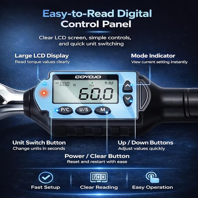 GOYOJO 1/4" Digital Torque Wrench 0.7–22ft-lbs/0.9–30 N.m High-Precision Professional Tool for Automotive, Motorcycle, Bicycle & DIY ±2% High Accuracy