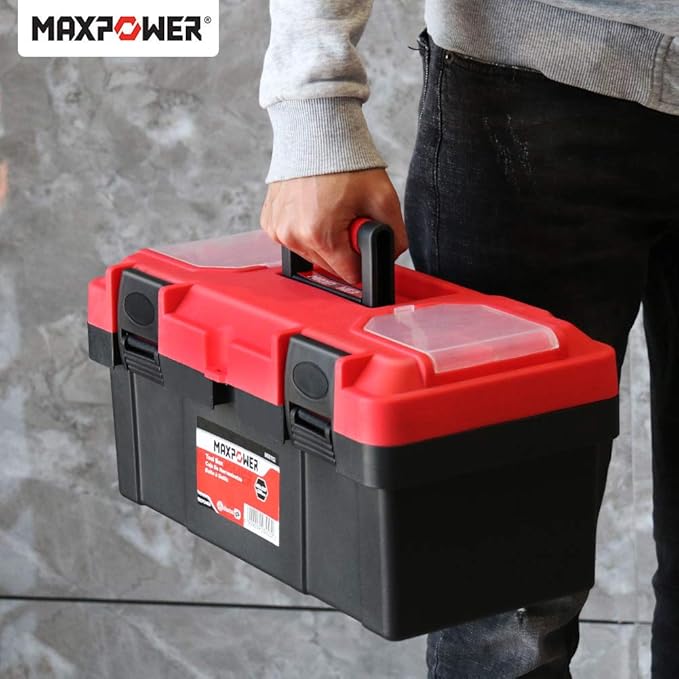 MAXPOWER Tool Box 16 inch, Plastic Small Tool Box with Latch and Removable Tray, Lockable Toolbox for Home