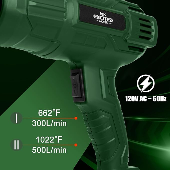 Excited Work 1500W Heat Gun, Fast Heat Hot Air Gun Kit with 662℉ & 1022℉ Dual-Temperature Settings, 4 Nozzles for Shrink Wrapping, Stripping Paint, Resin, Crafts