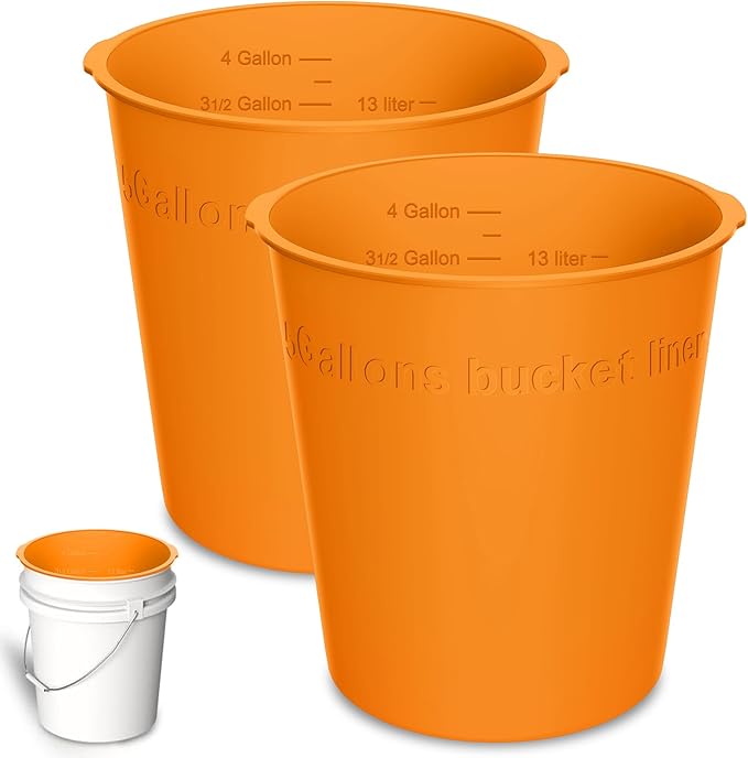 2-Pack 5 Gallon Silicone Bucket Liner – Reusable Rubber Bucket Saver for Thinset, Mortar, Grout, Concrete & Paint Mixing with Graduated Measurements, Fits Standard 5-Gal Buckets (Orange)