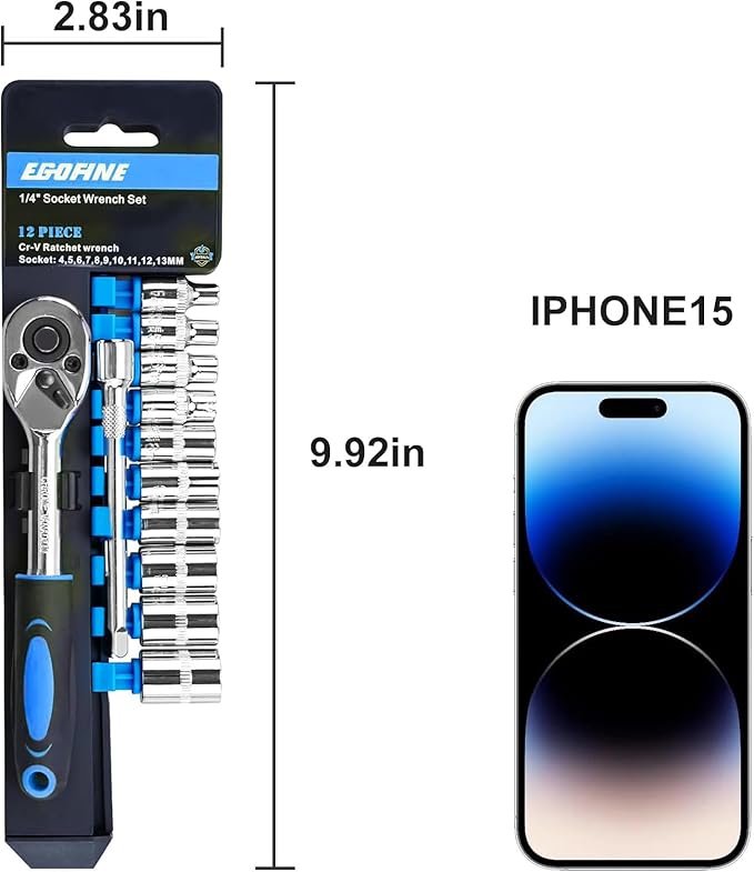 Egofine 12pcs 1/4 Inch Mini Ratchet Socket Wrench Set, Drive Socket Set with 10 Sockets (4-13mm) and 2 Way Quick Released Ratchet Handle and Extension Bar, Blue
