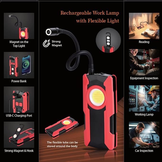 Rechargeable LED Work Light, OTYTY 40W 2000LM Magnetic Work Light Battery Powered Portable Flood Light with Gooseneck Flashlight for Car Repairing, Camping, Inspection (GFR)