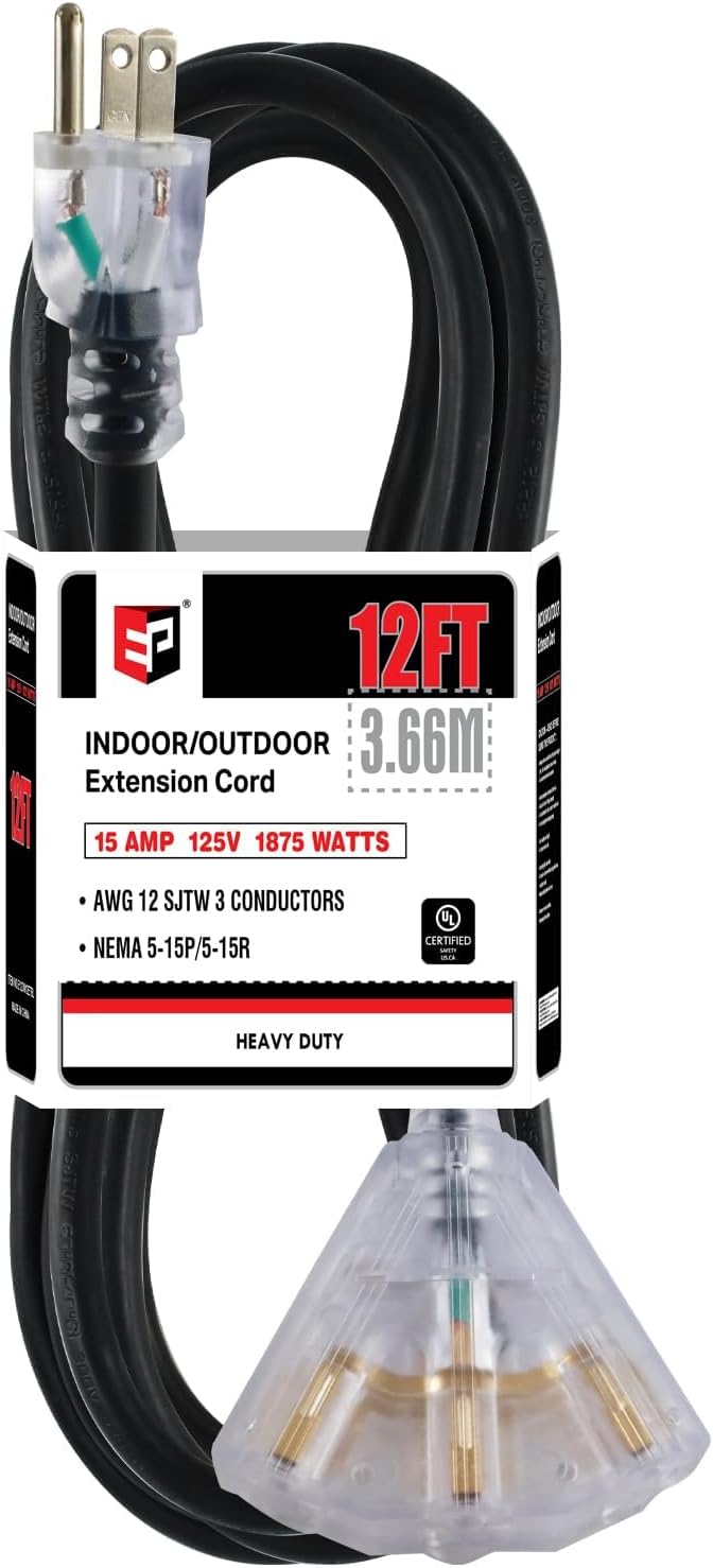 EP 12 Ft 12 Gauge Heavy Duty Extension Cord, 15A 125V 1875W, 3 Outlet Indoor/Outdoor Power Cord with Lighted End, 12/3 SJTW Weatherproof Black