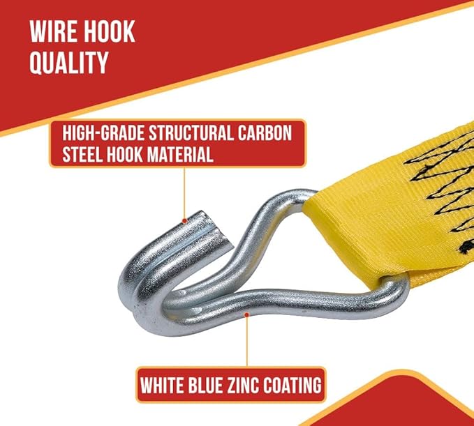 Mytee Products 8 Pack 2" x 10' Retractable Ratchet Straps with Double J-Hook - 3,300 lbs Breaking Strength - Yellow Auto Retract Ratchet Tie Down Strap for Motorcycles, ATVs, Bikes, Boat Trailer