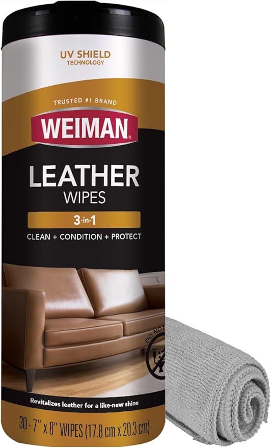 Weiman Leather Cleaner Kit Leather Wipes (30 Count) and Microfiber Cloth - Clean and Condition Car Seats and Interior, Shoes, Couches and Other Leather Surfaces