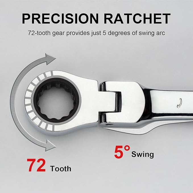 Jetech 22mm Flex-Head Ratcheting Combination Wrench, Premium Industrial Grade Spanner 72-Tooth Cr-V Steel - 180 Degree Flexible Box End Perfect for Tight Spaces, Auto & DIY Repair