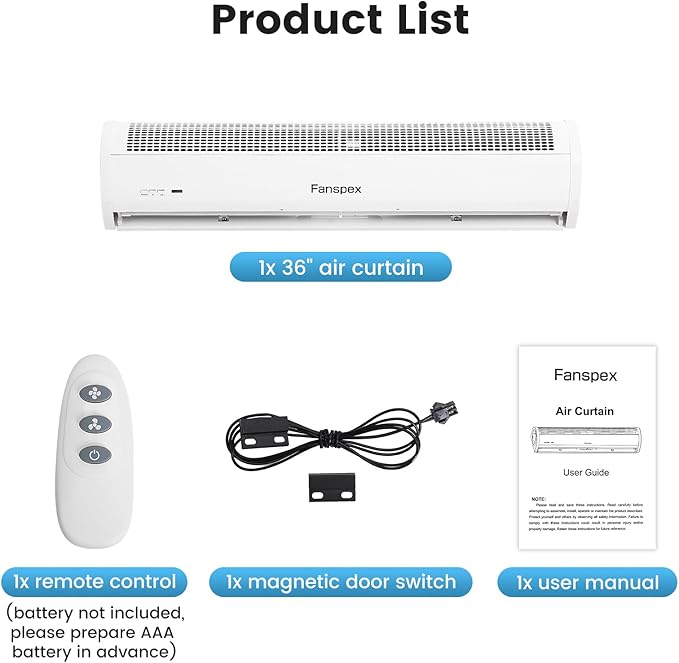 Fanspex 36" Wall Mounted Air Curtain, 2-Speed Commercial Over Door Fan for Home Garage Shop Restaurant, 120W Low Consumption with Magnetic Door Switch (White)
