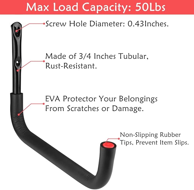 Garage Storage Kayak Hooks, 15.5 Inch Heavy Duty Storage Hanger, Wall Mounted Rack for Hanging Canoe Paddleboard, Surfboard, Snowboard, Ladders, Bikes, Black and Red, 15.5Inches x 10.8Inches