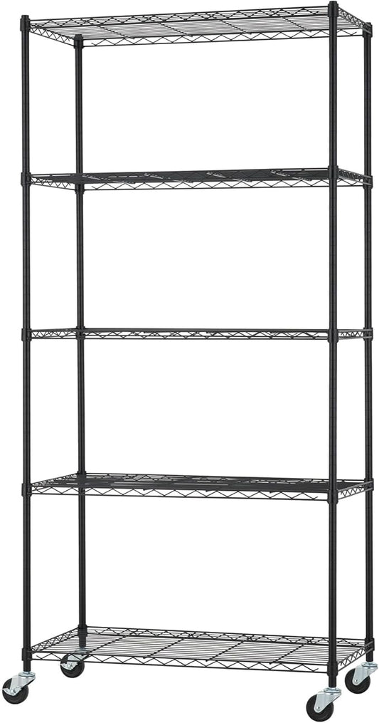 5-Tier Adjustable Wire Shelving with Wheels, Wire Shelf Rack for Kitchen Organization, Garage Storage, 400 to 2000 Pound Capacity, NSF Certified, 36” x 18” x 72”, Black