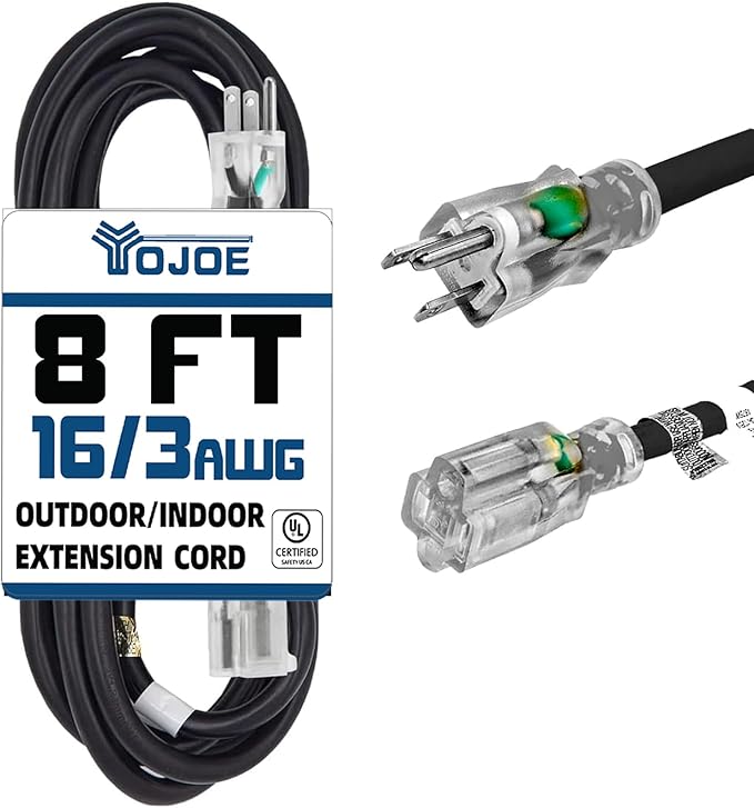 YOJOE Indoor Outdoor Extension Cord with Lighted End, 3 Prong 13A Weatherproof Power Cord, 16 Gauge Heavy Duty 8 ft Black Extension Cord for Garage, Garden and Home, 16/3 SJTW UL Listed