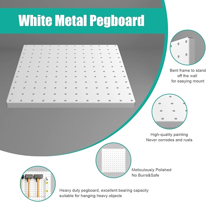 Peg Board, 6 Pack Metal Pegboard Panels White Pegboards Wall Organizer with Bent Frame Large Heavy Duty Peg Board for Walls Home, Garage Tool Storage, Workbench, Craft Room, Kitchen