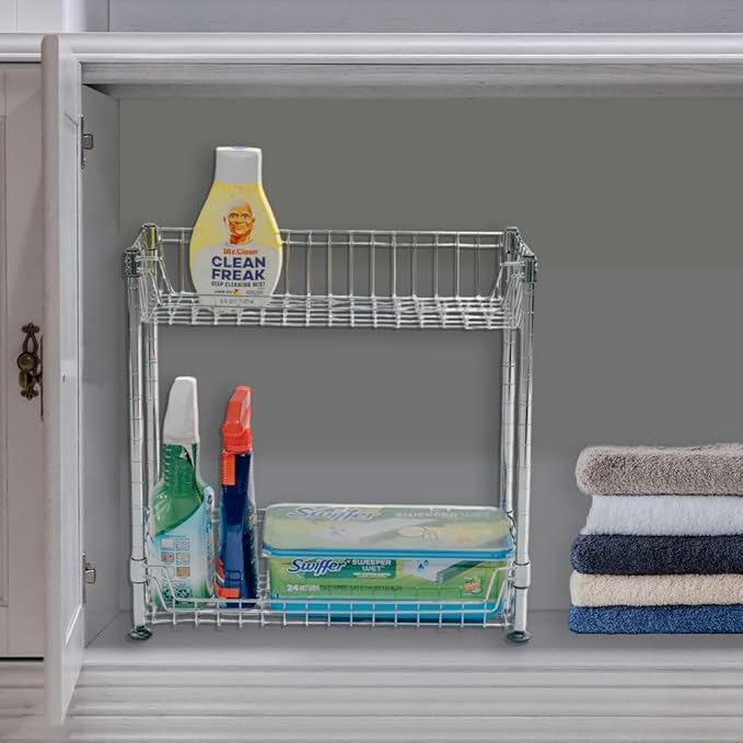 Shelving Inc. 8" d x 18" w x 18" h 2-Tier Chrome Wire Basket Rack, Everyday Shelving, Weight Capacity 65 lbs Per Shelf