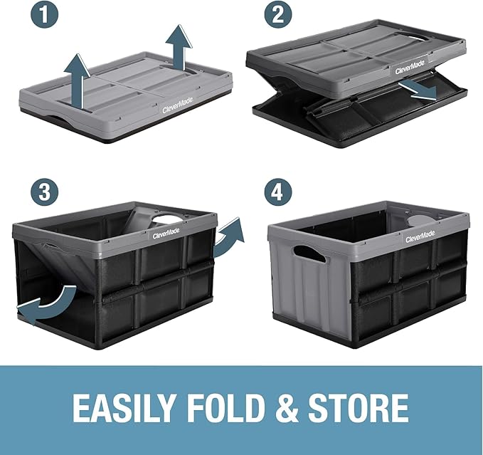 CleverMade Collapsible Storage Bins 62L (3-Pack) – Heavy Duty Collapsible Plastic Storage Bins, Large Stackable Folding Storage Bins for Garage, Car, Grocery & Home Organization - Ocean