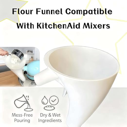 Flour Funnel for KitchenAid Mixer - Compatible with 5 Qt & 4.5 Qt Bowl-Lift Models | Dishwasher Safe, Anti-Splash Design for Mess-Free Baking | Includes 2-Piece Set (White)