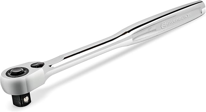 Powerbuilt 3/8-Inch Drive Pro Tech Ratchet Handle, Contour Handle, 72-Tooth Compact Head, Quick Release, Chrome Vanadium, Mirror Polish Finish, 7-7/8" Length - 649969