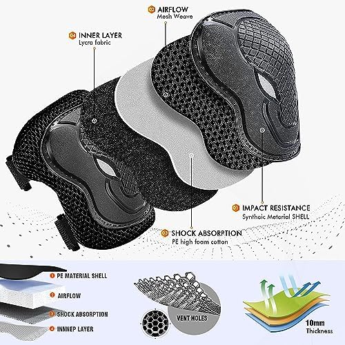 GEQID Kids Knee Pads and Elbow Pads Wrist Pad for Roller Skating Skate Protective Gear Rollerblade Bicycle Boys Youth 5-12 Years Old (Black)