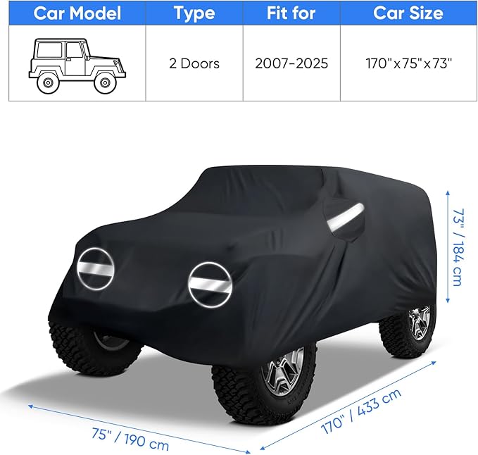 NEVERLAND Car Covers for Jeep Wrangler 2 Door Waterproof Car Covers, All Weather Protection Jeep Sun Rain Protection for Wrangler 2 Door Fits JK JL 2007-2025 Outdoor Covers Black