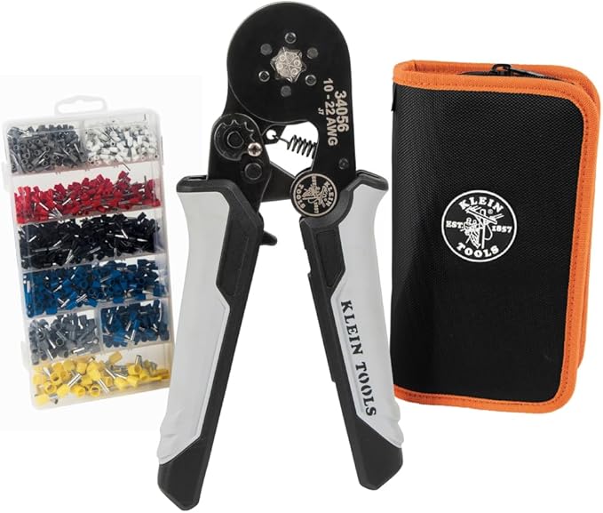 Klein Tools 34061 Ferrule Crimping Tool Set with Ratcheting Hex Crimper Pliers, 1200 Wire Terminals (10-22 AWG), and Soft Carrying Case for Electrical Applications