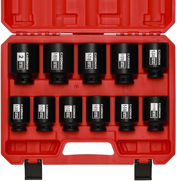 CASOMAN 11PCS 1/2-Inch Drive Large Impact Socket Set, 6 Point, 1-3/8-Inch to 2-Inch, SAE Spindle Axle Nut Impact Socket Set, CR-MO