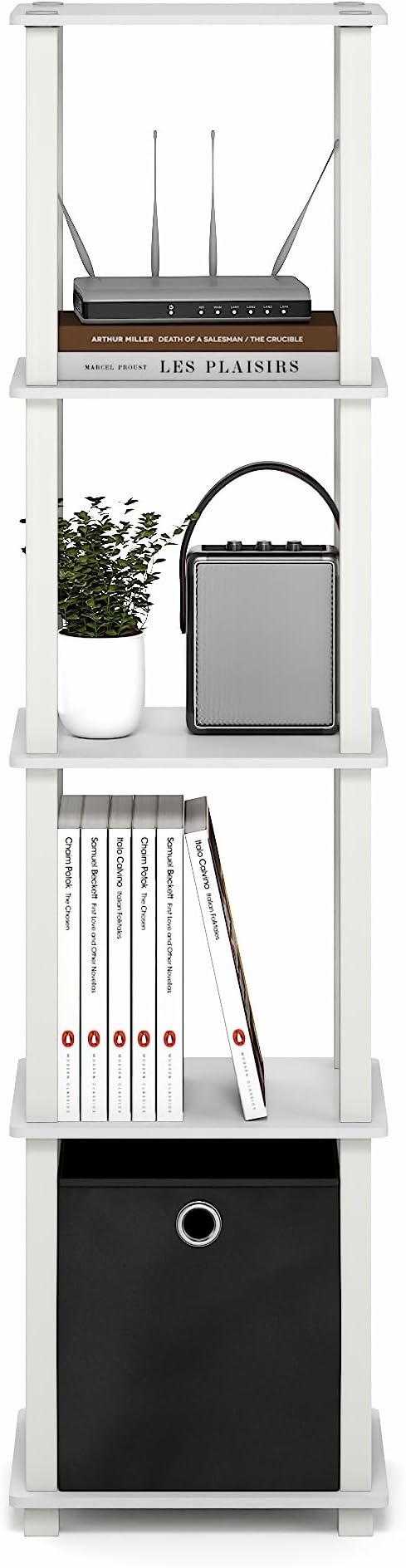 Furinno Turn-N-Tube Book Shelf, 5-Tier Square Open Frame Display Shelf, Corner Storage Shelves with Storage Bin, Shelving Unit, for Organization, Living Room, Garage, Home Office, White