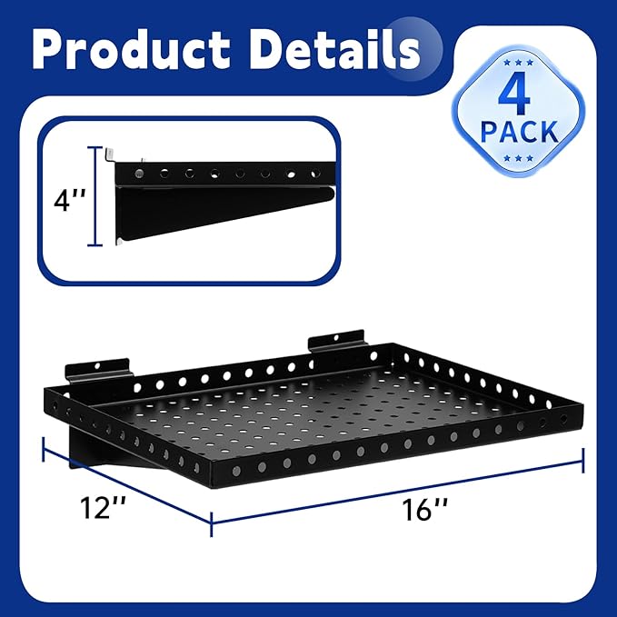 Heavy Duty Slatwall Shelf 16x12Inch, Steel Slatwall Accessories Storage Rack for Garage, Retail, Workshop (4, 16x12Inch)