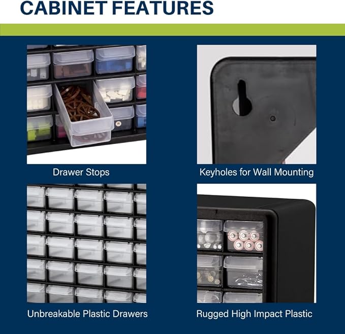 Akro-Mils 64-Drawer Plastic Storage Cabinet, 20-Inch W x 6-Inch D x 16-Inch H | Black | Model 10164 | Garage Organization