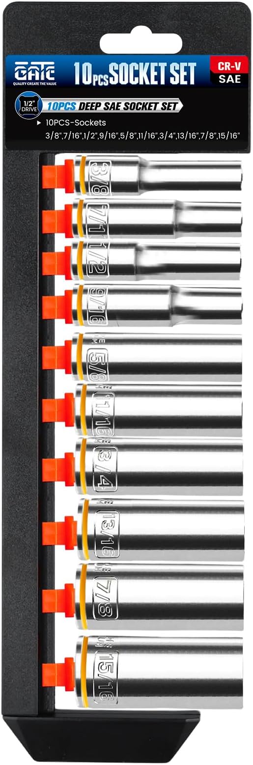 10PCS 1/2” Drive Deep Socket Set, SAE (3/8"-15/16"), 6-Point, Cr-V Steel, Chrome Plated Socket With Hanging Bracket, Cover Most Commonly Sizes